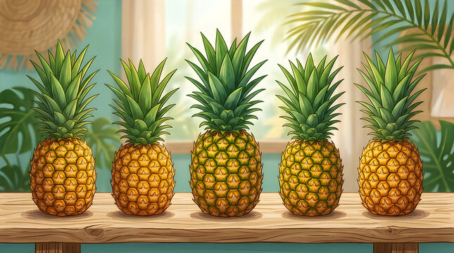 Five ripe pineapples on wooden surface with tropical foliage background
