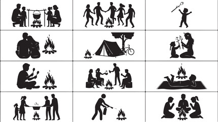 Fototapeta premium Set of black silhouettes showing families and friends enjoying camping activities and campfire moments isolated on white background, Vector