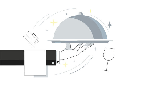 Hand wearing a formal suit cuff and napkin holds a silver cloche platter with a wine glass next to floating light sparkles.