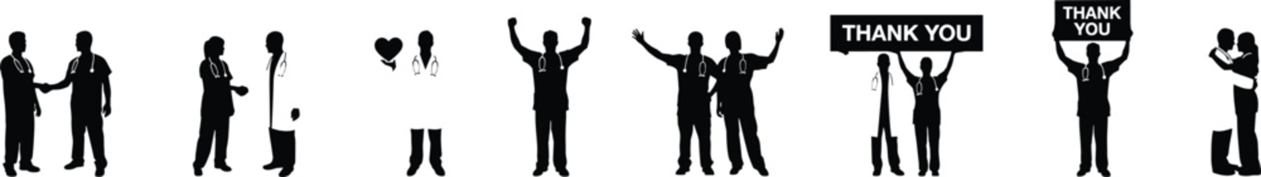 Medical professionals silhouettes with thank you signs and gestures Keywords: medical staff