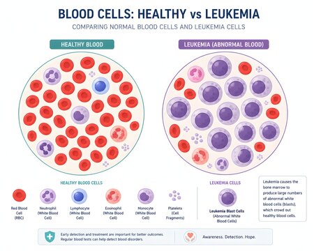Flat vector illustration comparing healthy blood cells to leukemia cells, clean white background, textbook hematology education style for blood cancer awareness content.