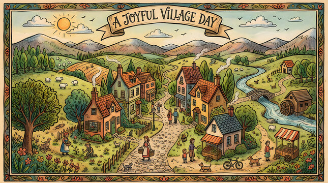 Charming vintage illustration of a quaint english village scene with people and nature