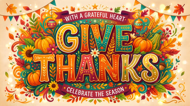 Festive thanksgiving lettering with autumn produce and floral elements