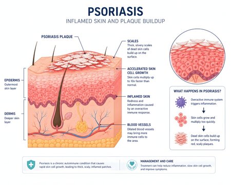 Flat vector illustration of psoriasis skin plaque cross-section showing epidermis and dermis layers, clean white background, textbook dermatology education style.