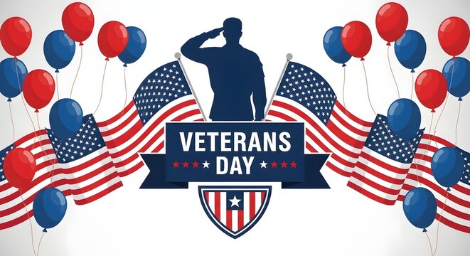 Happy veterans day illustration patriotic salute with american flags and balloons