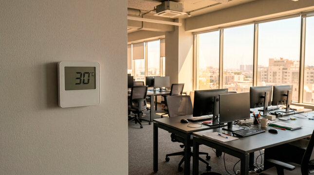 Digital thermostat showing high temperature on office wall. Hot weather climate control system in modern workplace. Extreme heat and cooling challenge during summer workday in city.