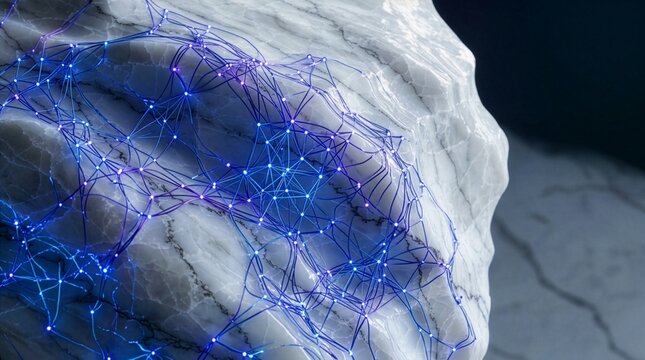Abstract futuristic neural network glowing across polished white marble surface, symbolizing artificial intelligence, digital connectivity, data visualization, technology innovation, and modern scienc