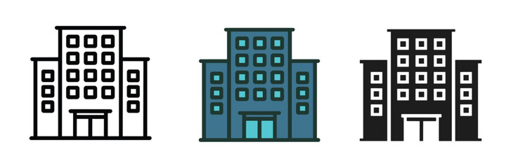Building Icons Set: A collection of graphic icons representing multi-story buildings. modern architecture, office building, apartment block, urban structure. © Vector By Thakur