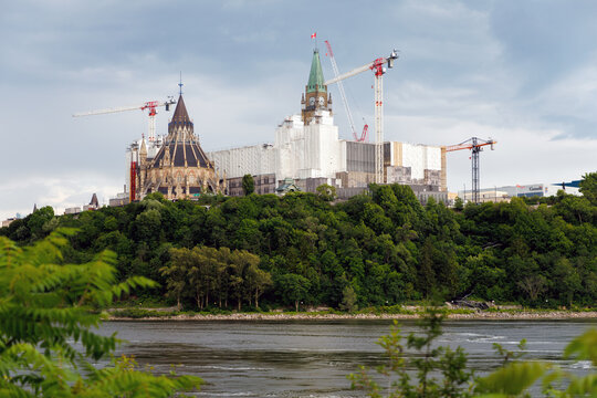 Parliament Hill Centre Block under renovation during summer in Ottawa, Canada