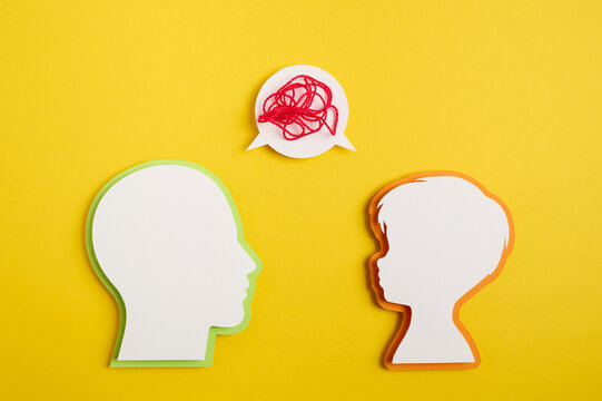 A depiction of a conversation between parents and a child, depicting their emotions