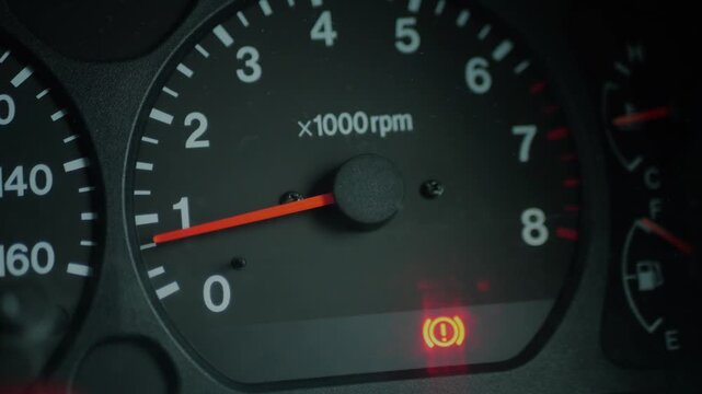 Close-up of car dashboard showing an illuminated red brake warning light, highlighting vehicle safety and maintenance concerns.