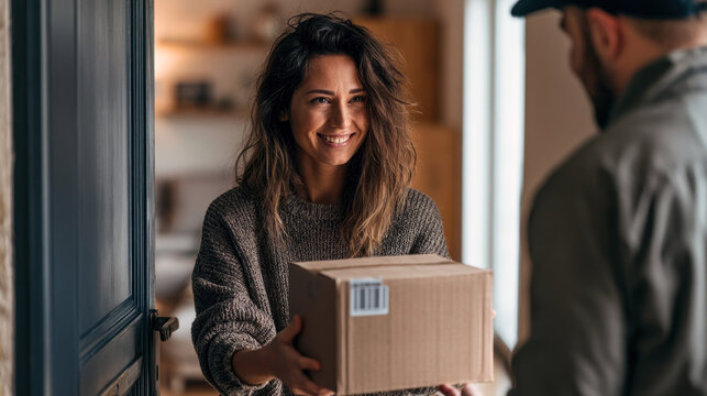 Smiling young happy woman receiving cardboard box parcel package from delivery man courier service at home entrance door doorstep online shopping shipping order commerce distribution concept