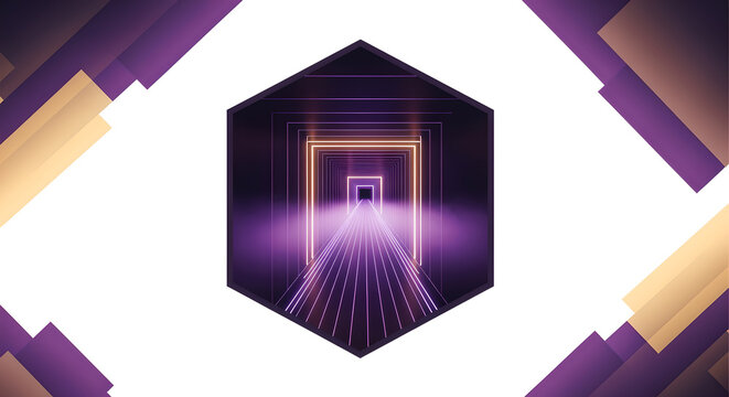 A futuristic purple hexagonal tunnel illustration leads to a glowing square exit
