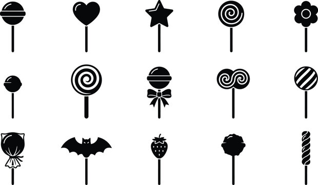 Collection of various colorful lollipop icons in different shapes and designs on white background