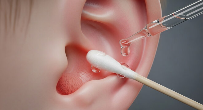 Person receiving ear drops in a medical setting