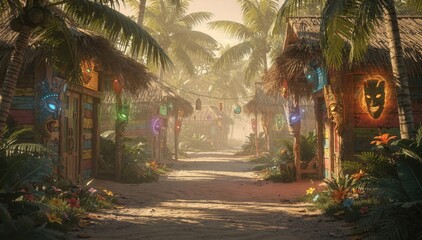 Naklejka premium Tropical fantasy streetscape featuring vibrant wooden huts with straw roofs lush greenery edging the sandy pathway and detailed masks hanging as ethereal signage.