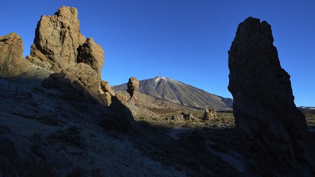 Roques de Garcia, dark silhouettes of rocks in volcanic landscape at sunset, Teide, Parque Nacional del Teide, Teide National Park, volcano, volcanism, UNESCO World Heritage Site, Tenerife, Canary Islands, Spain