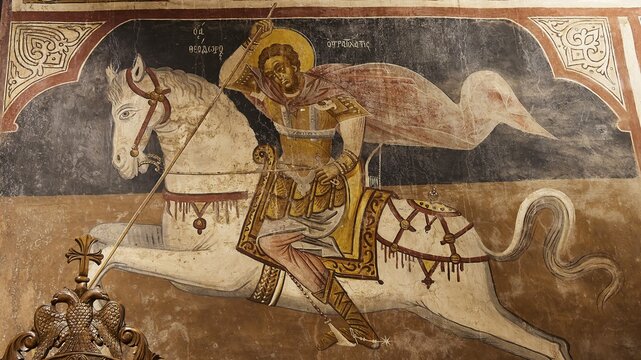 Religious depiction of an armoured rider on a white horse, Thari Monastery, Moni Thari, near Gadouras Reservoir, lonely mountain region, Rhodes, Dodecanese, Greek Islands, Greece