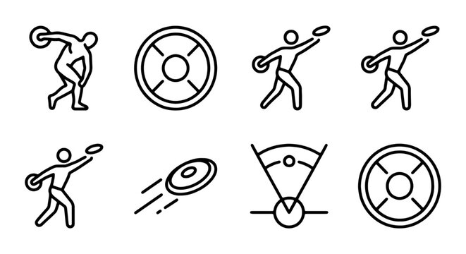 Discus Thrower Icons, Athletic Sport Vector Graphics, Track and Field Athlete Symbols, Competition Pictograms