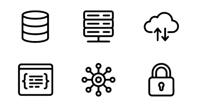 Technology Icons Set: Database, Server, Cloud, Code, Network, Security, Vector Graphics