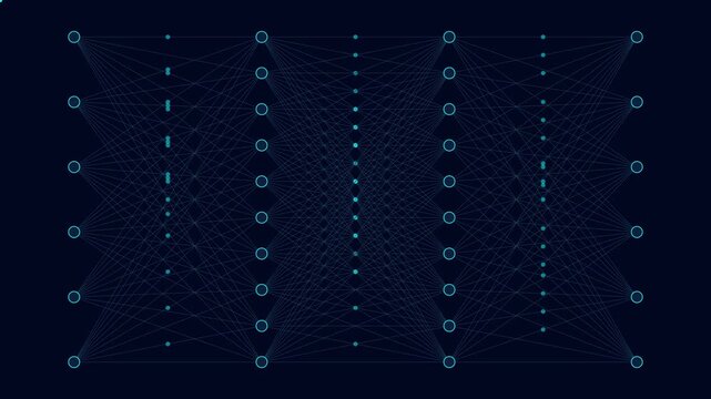 Neural network data processing visualization: artificial intelligence deep learning concept animation 4k