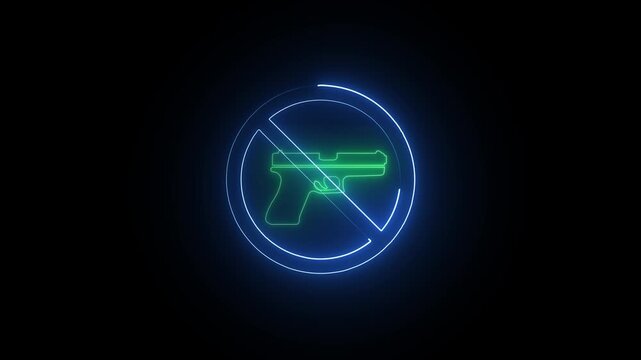 No weapon allowed icon, simple forbidden gun symbol. Gun and blue cross symbol animation.