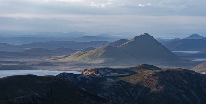 Landscape panorama, Dramatic volcanic landscape, Colourful erosion landscape with mountains, Lava field, Landmannalaugar, Fjallabak nature reserve, Su&eth;urland, Iceland