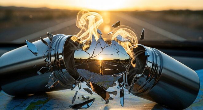 Metallic jet engine on fire at sunset