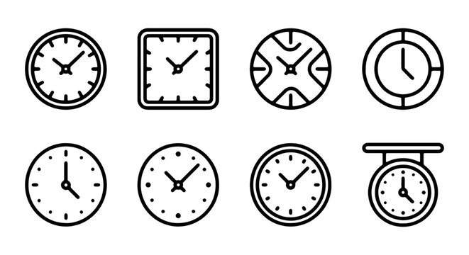 Diverse Clock Icons Set, Time Measurement Symbols, Round and Square Analog Timepieces, Vector Graphics