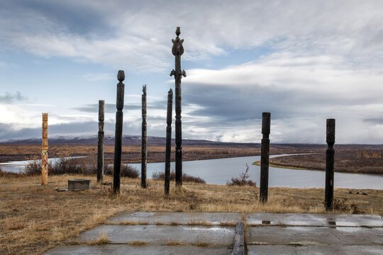 Cult site, Yakutian totems on the banks of the Kolyma, Chersky, Yakutia, Russia