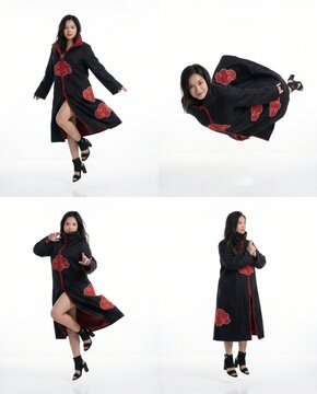 Multiple action poses of female ninja cosplayer in black red cloud coat against white background

