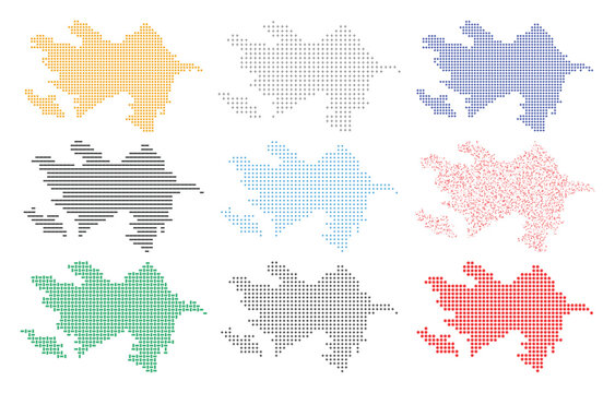 Azerbaijan map set featured with different colorful geometric dot and line textures.