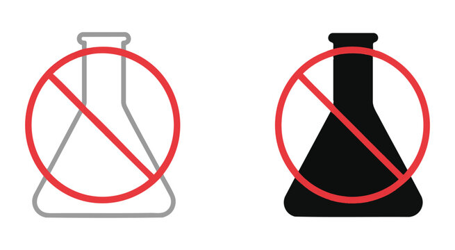 No chemical additives icon with flask and red prohibition sign on transparent background line vector.