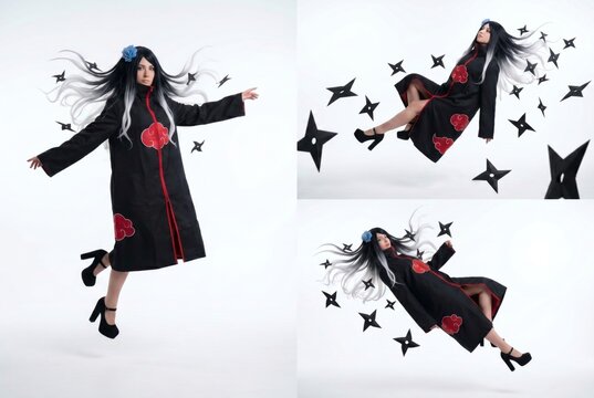 Dynamic action poses of female ninja cosplayer in black red cloud coat with falling star effects
