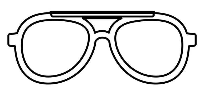 Bold front view sunglasses vector icon in crisp black outline, minimalist summer eyewear illustration with clean lenses and bridge for beach vacation style, fashion apps, travel guides, and seasonal