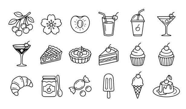 Minimalist Cherry Fruit Drink and Dessert Line Art Vector Icon Set with Black White Outline Food Collection