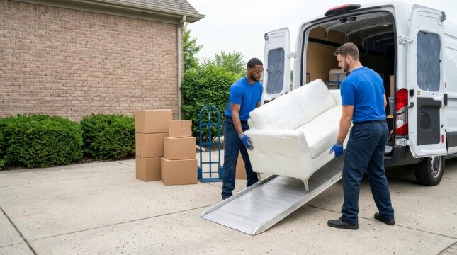 Professional Movers Loading White Sofa into Cargo Van Using Metal Ramp in Residential Driveway with Cardboard Boxes