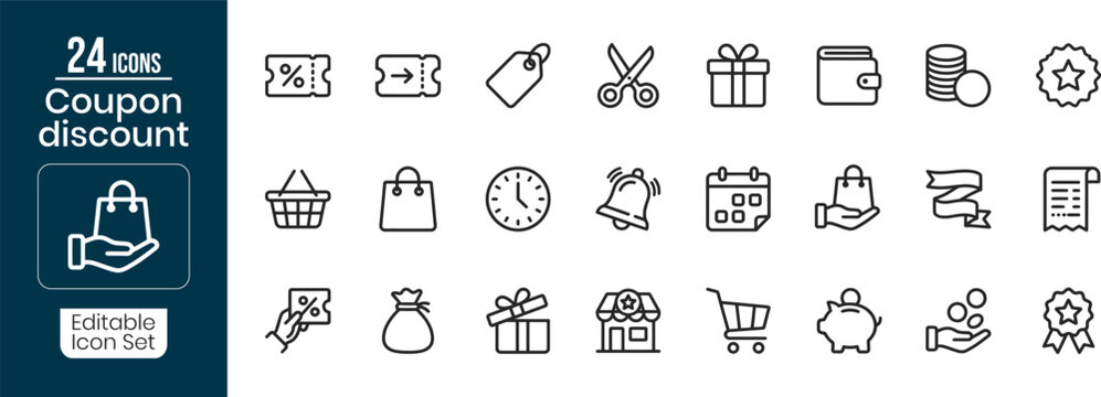 Coupon discount icon set bundle 24 editable silhouette icons for shopping and savings