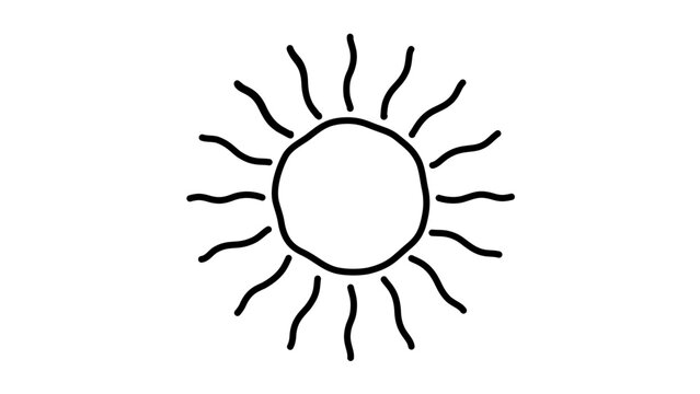 Wavy ray sun vector icon in thin black outline, minimalist summer weather illustration with round center and hand drawn beams for sunshine, heat, daylight, forecast, beach vacation, and clean design