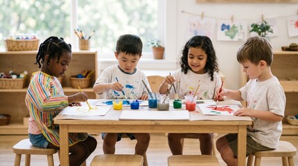 Obraz premium A group of diverse children happily engaged in a painting activity at a wooden table in a brightly lit classroom, showcasing creativity and learning.