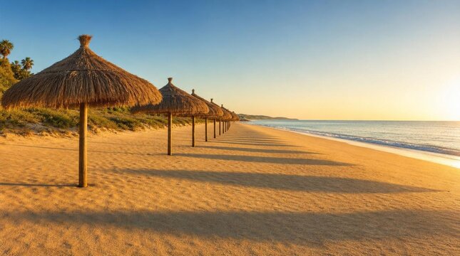 Empty sandy beach lined with thatched umbrellas beside a calm ocean at golden hour, perfect for tropical vacation and resort travel advertising.
