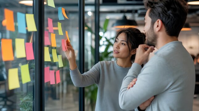 Two coworkers brainstorm with colorful sticky notes on a glass office wall, ideal for business strategy, agile planning, teamwork, and innovation campaigns.