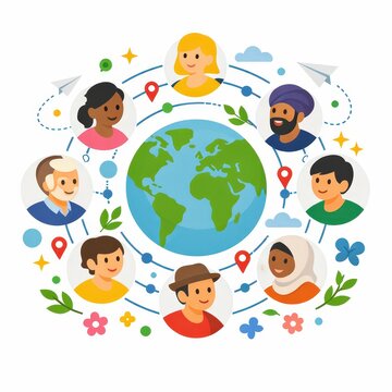 Global friendship connections diverse people united around the world illustration for community and togetherness