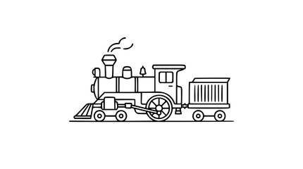 Vintage steam locomotive vector icon with smoke stack, large driving wheel, tender car, cowcatcher, and clean outline rails for railway heritage, transport themes, and scalable illustration © Uzzal