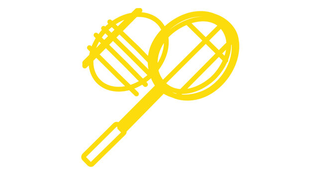 Bright yellow badminton racket minimalist vector icon illustration with crossed string pattern, clean flat sport equipment symbol for outdoor recreation, leisure games, fitness branding, and court