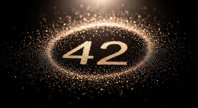 Glowing digital number 42 on a dark background with light particles