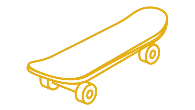 Golden yellow skateboard perspective vector icon with sweeping deck curve and single visible wheel, minimalist outdoor recreation illustration on white background for skating, sport, motion, and