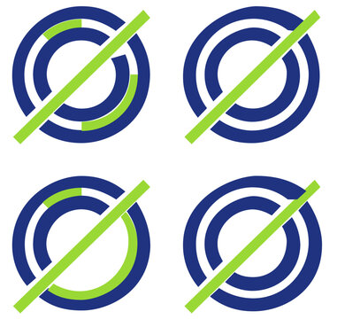 Minimalist vector icon illustration of circular swim ring style target with navy concentric bands and bright green diagonal slash, clean geometric line art for recreation safety signage and graphics