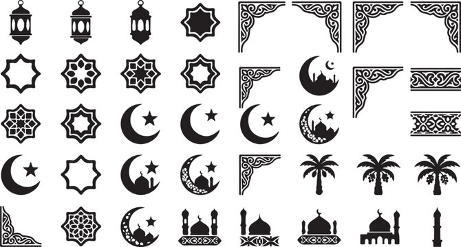 Set of black islamic symbols icons and decorative corners for ramadan and eid celebration design