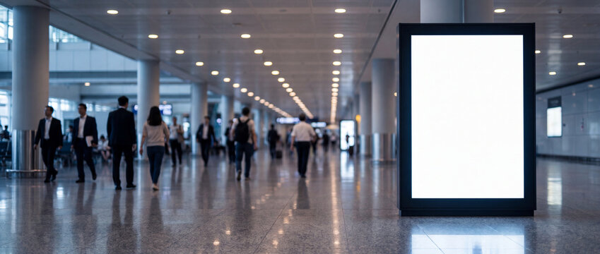 Blank lightbox mockup in crowded terminal showing a vertical white illuminated display against a blurred background of walking passengers, perfect for out of home advertising placement